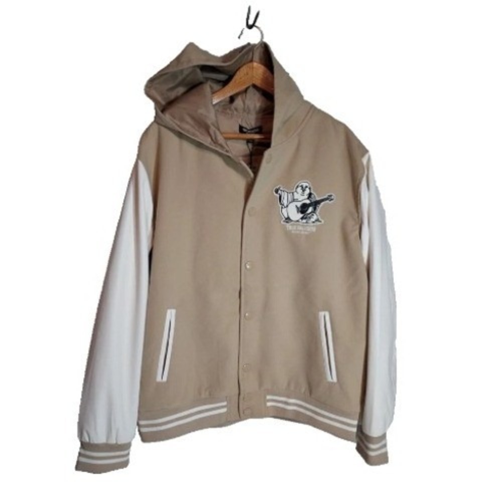 True Religion Mens Two Toned Varsity Jacket Travertine Tan White Hooded XL